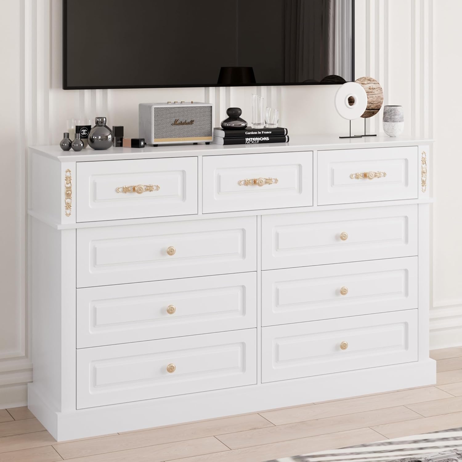 63Wx39H Large Dresser White,9 Drawers Dresser for Bedroom,Retro Chest of Drawers with Gold Knobs, Wooden Storage Dressers, Bedroom Storage Organizer for Closet, Living Room, Hallway