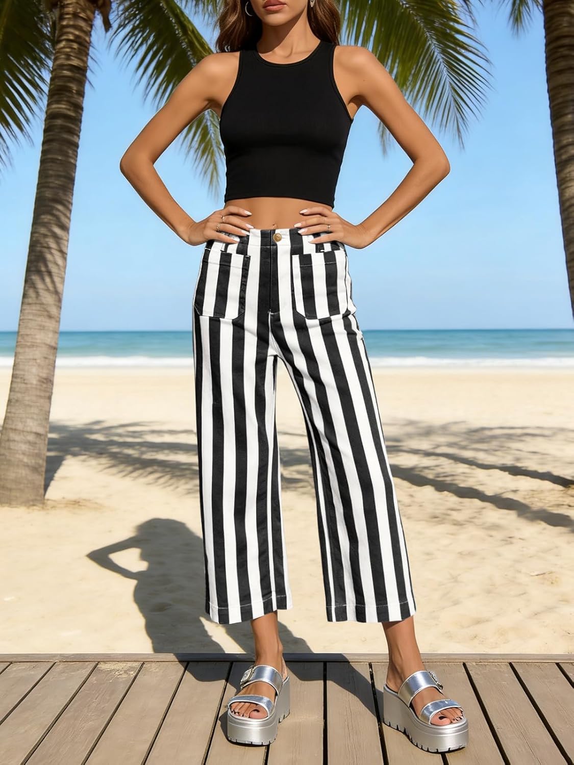 Tankaneo Womens Cropped Striped Jeans Casual High Waisted Stretchy Polka Dots Straight Leg Denim Pants with Pockets - Image 3