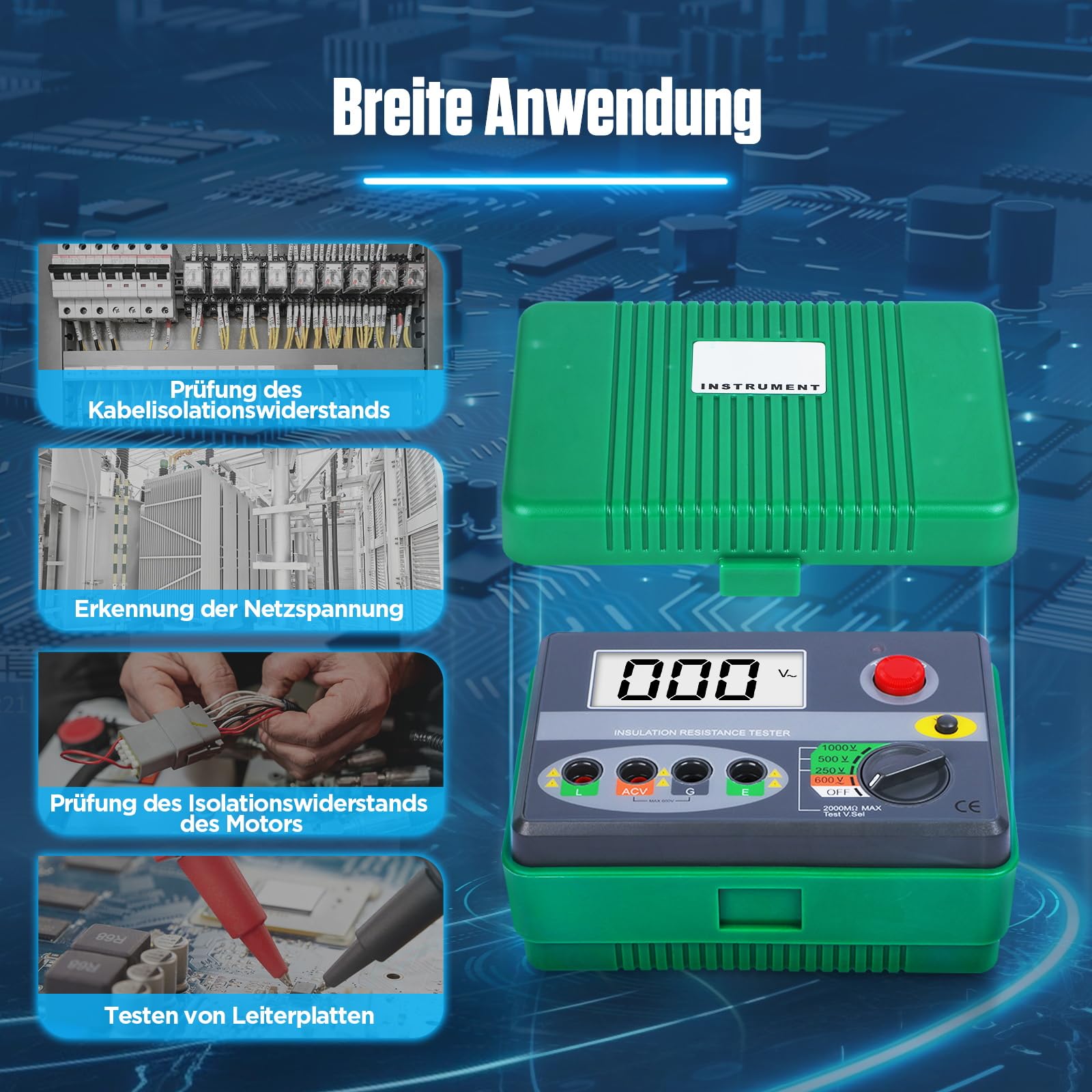 KAISAL Digital Insulation Resistance Tester 0.01M-2000MΩ Insulation Meter Isolationstester mit Messleitungen, Niederohmige Spitze Megaohmmeter DC 250V/500V/1000V Resistance Tester