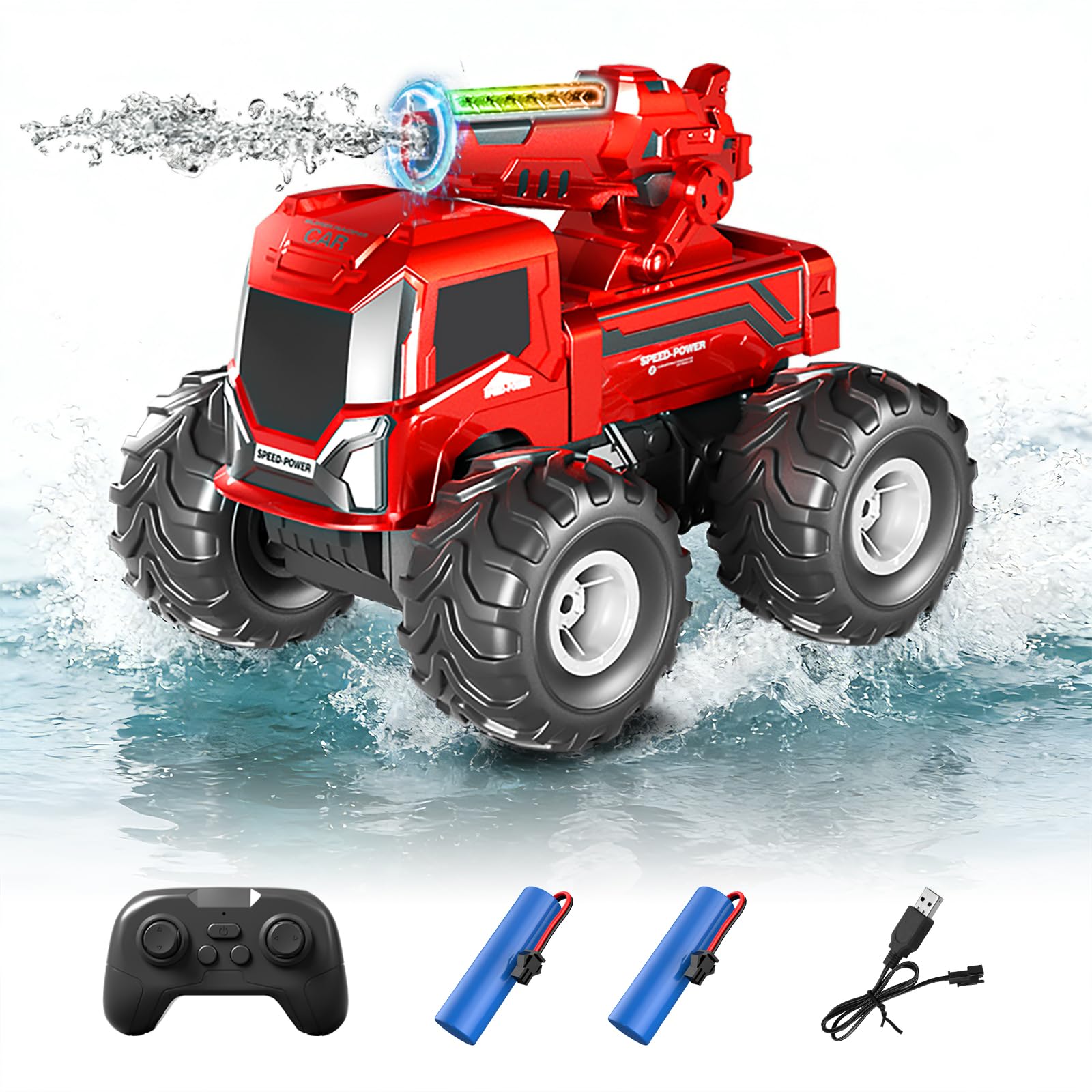 FEIMUOSI Coche teledirigido Anfibio RC Car: 4WD Todoterreno Coche RC Juguetes con cañón de Agua Luces LED Rotación de 360 cumpleaños para niños