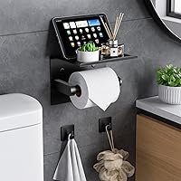Vista 47 de Tindbea Toilet Paper Holder with Phone Shelf + Towel Robe Hooks, Adhesive or Screw Wall Mounted Toilet Paper Roll Storage, Stainless Steel Bathroom