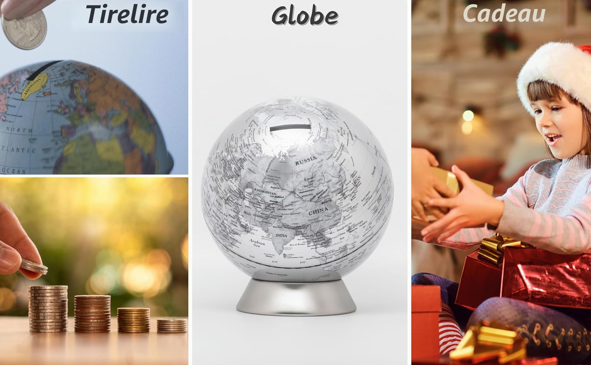 Exerz Globe Terrestre Tirelire diamètre 16cm - Carte du Monde en Anglais - Contemporain en métal - Argent