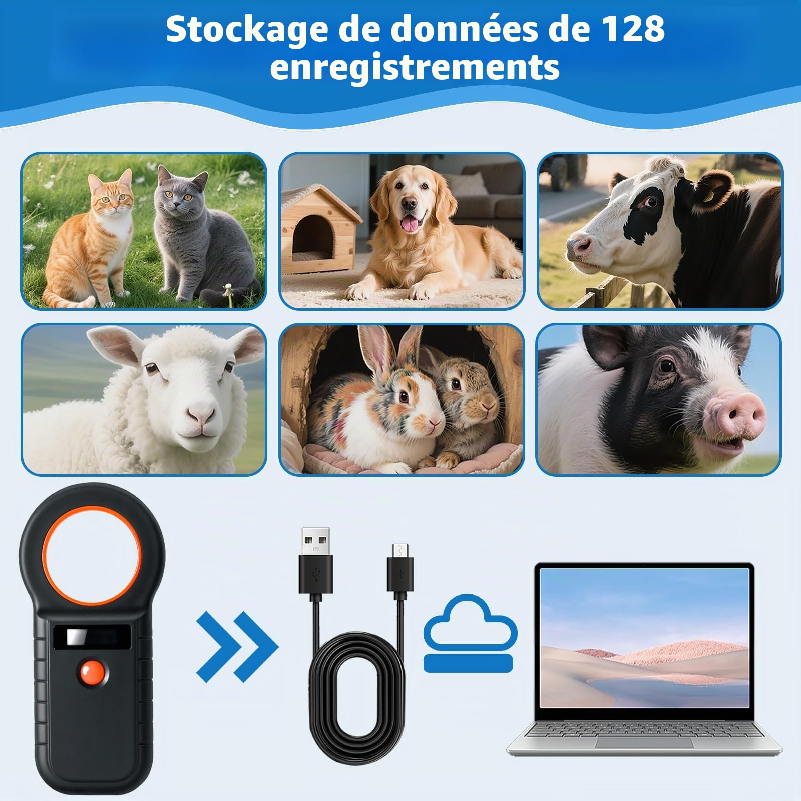 ARCELI Lecteur de Puce pour Animaux, Lecteur Puce Animaux, Lecteur de Puce pour Chiens/Chats, Lecteur de micropuce RFID, 134,2KHz, 128 Tag Memory, ISO11784/85/HFDX-B/EMID