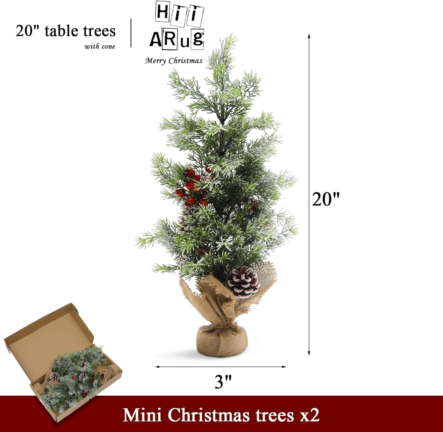 HiiARug 2 Packs Mini Christmas Tree 20 Inch Artificial Small Christmas Tree Tabletop Trees for Xmas Decorations with Pine Cones, Red Berries and Linen Base for Christmas Table Desk Kitchen Home Decor