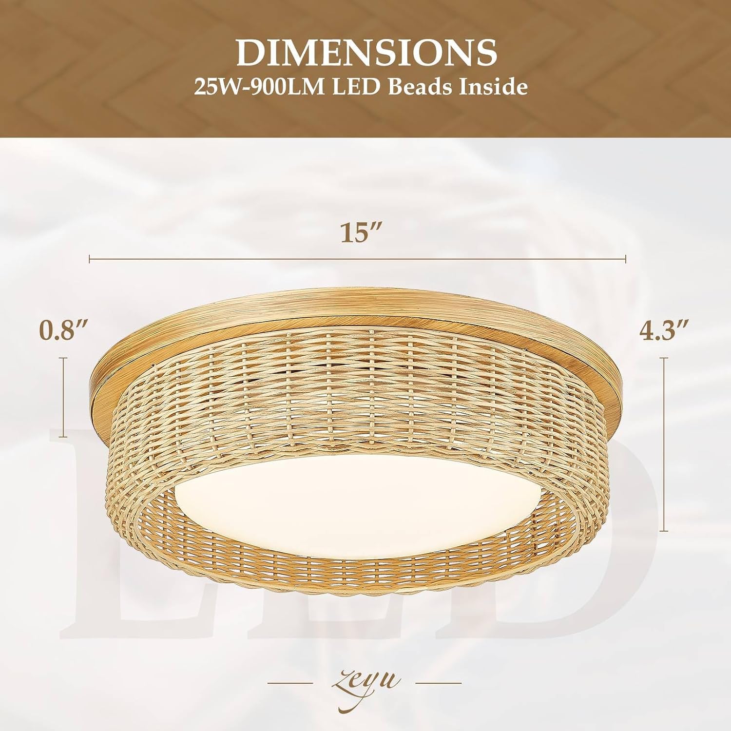 zeyu 25W LED Remote Ceiling Light Fixture Flush Mount, Handmade Rattan Close to Ceiling Light in Wood Grain Paint Finish, Dimmable 3000K-6500K Adjustable, ZSL78LF-LED