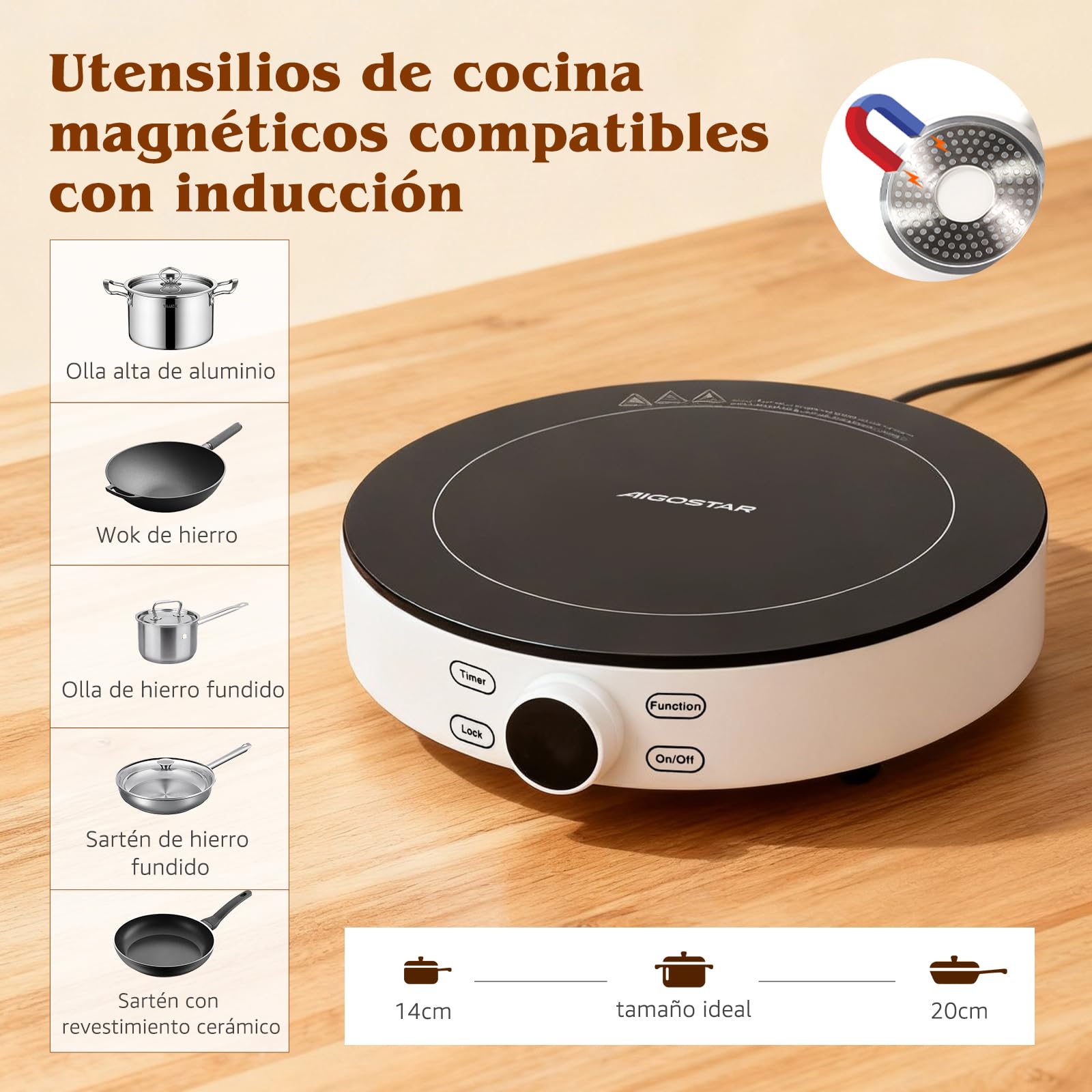 Aigostar Cookmate - Placa de inducción portátil, 2000W, diseño redondo, 9 niveles de potencia, temporizador de apagado, apto para recipientes compatibles con inducción de 12-26 cm. Diseño exclusivo.