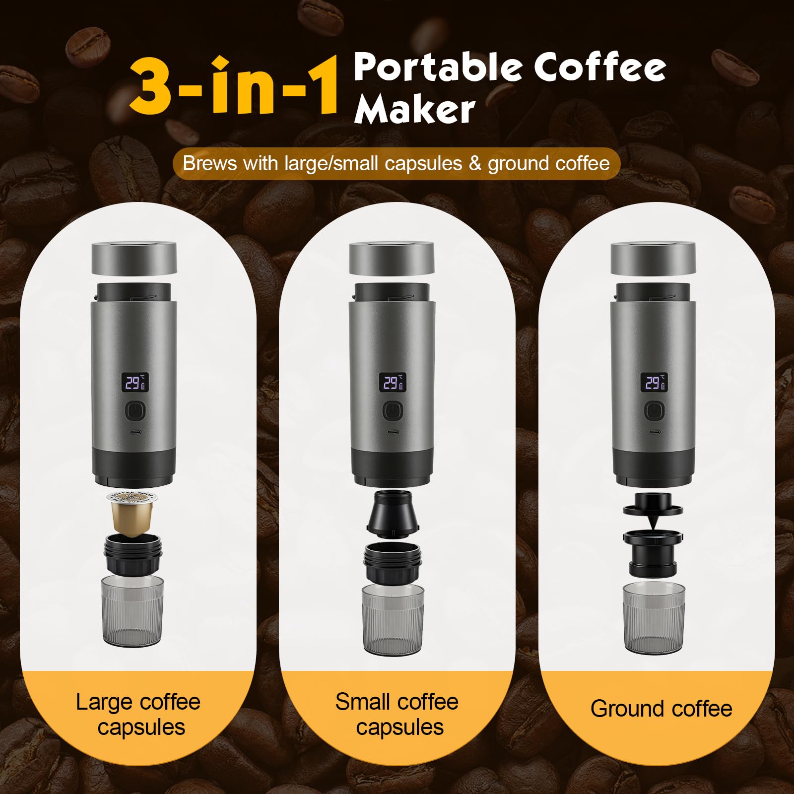 Máquina de café expreso 3 en 1 portátil con batería, 20 bar, extracción fría/caliente, compatible con cápsulas y café molido, 7800 mAh USB-C, mini cafetera para camping, coche, oficina y viajes - 5