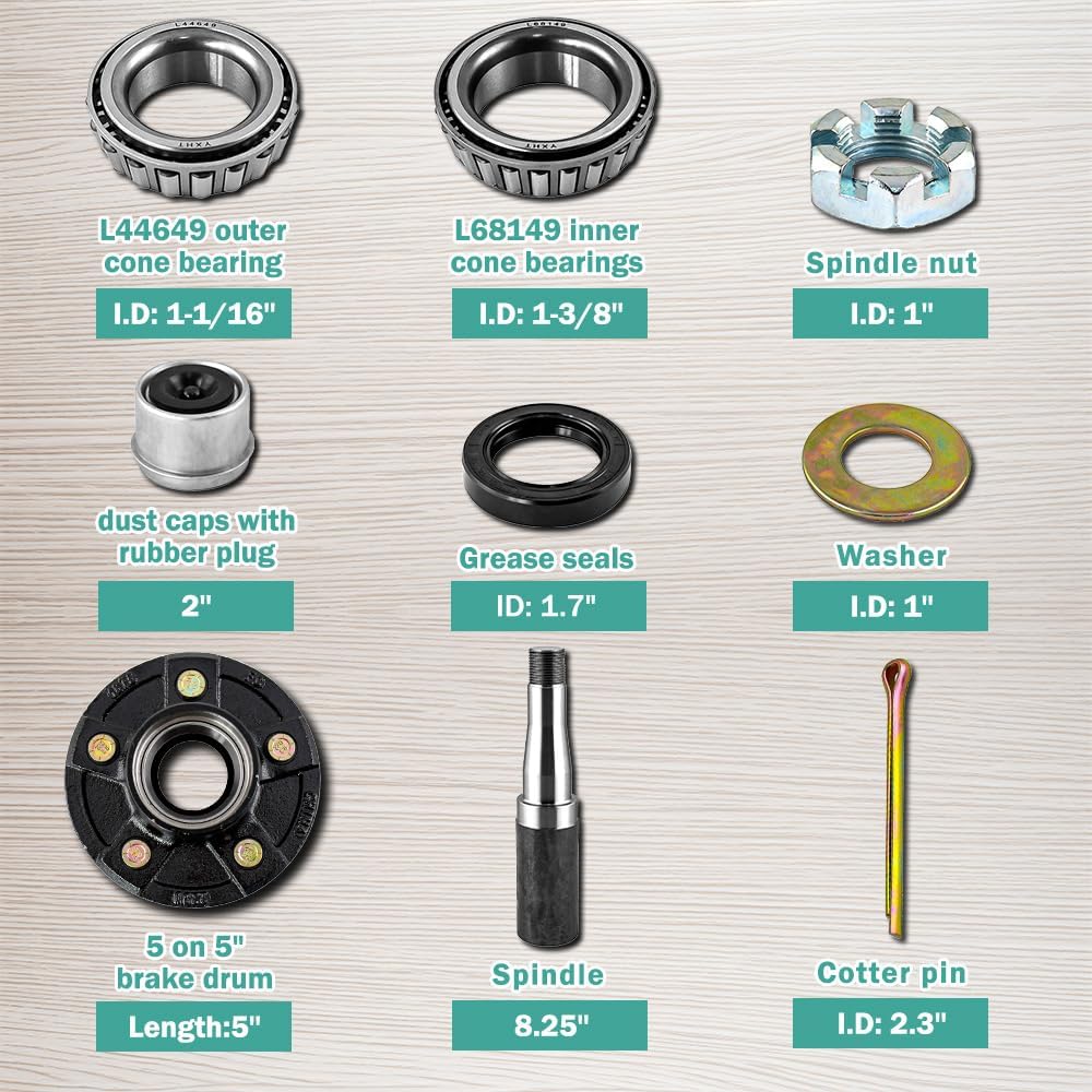 Trailer Idler Hub Kit 3500 lbs with 5-5" Bolt Circle Hub,for Wheel Round 84 with 1.75" Straight Trailer Axle Spindles & Bearings, Trailer Hub Kits