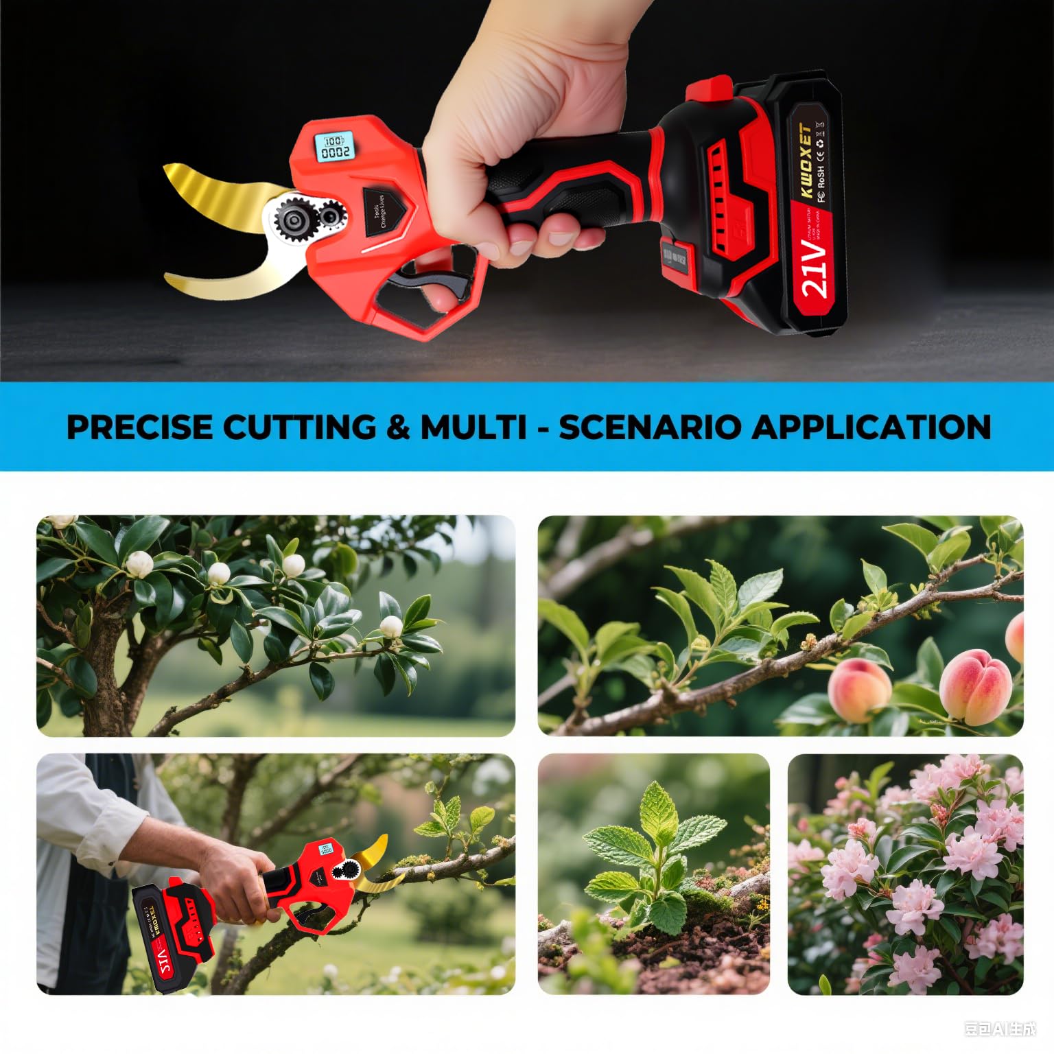 Tijeras de podar electricas, Kwoxet tijeras de podar bateria con apertura de corte de 40 mm y pantalla LCD | Acero SK6 | Baterías 21v 2x 2000mAh | Tijeras de jardín eléctricas(Rojo)
