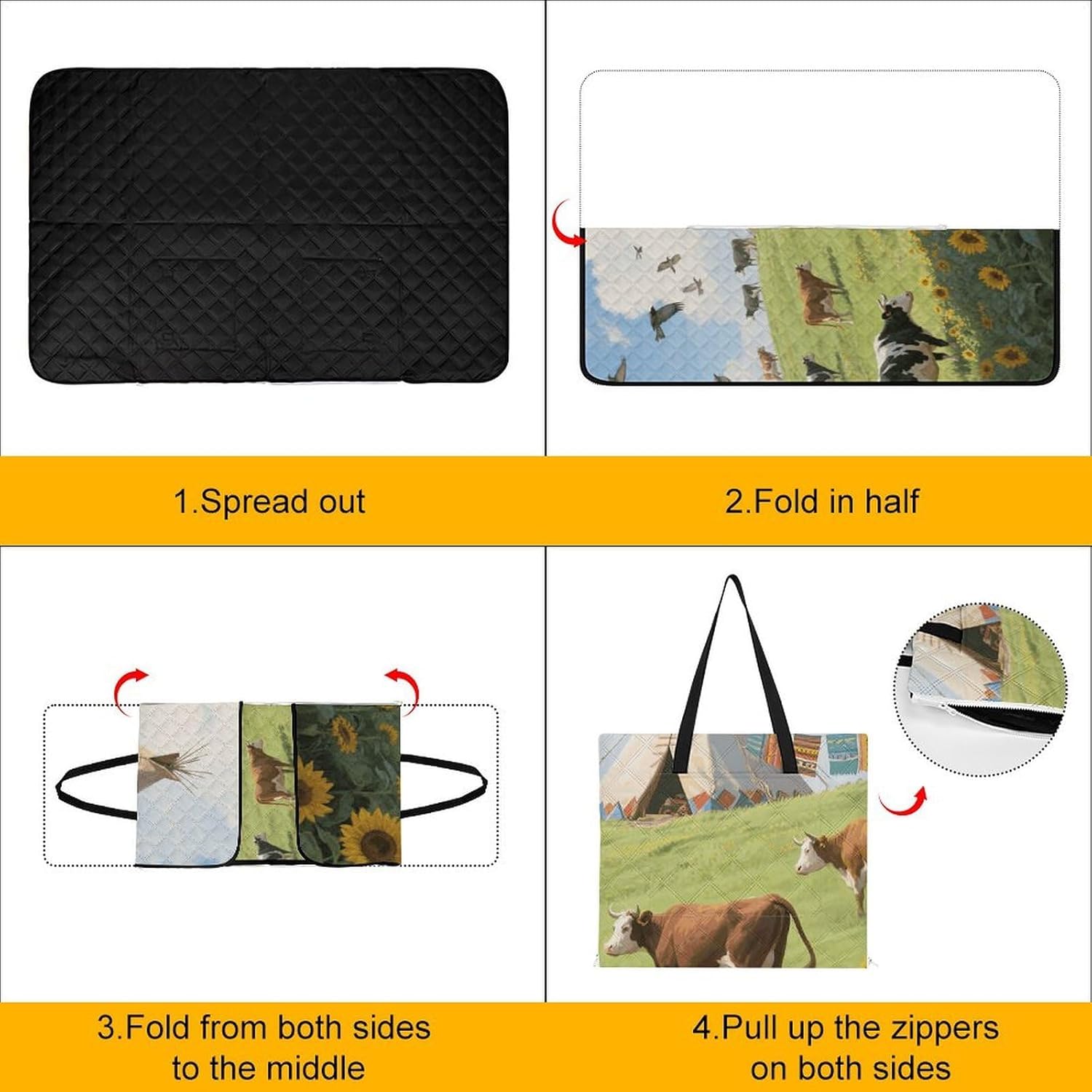 Cow Sunflower Navajo Picnic Blanket 150x100cm, Foldable 2-in-1 Picnic Mat and Tote Bag Portable Waterproof Beach Mat Sandproof Outdoor Blanket for Park, Hiking, Beach, Camping, Travel