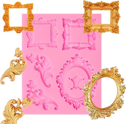 Photo Frame Silicone Fondant Molds, Birthday Cake Baroque Style Decoration, Chocolate Candy Mold for Cake Cupcake Topper Sugar Craft Gum Paste Clay Resin for Children Friend Wedding