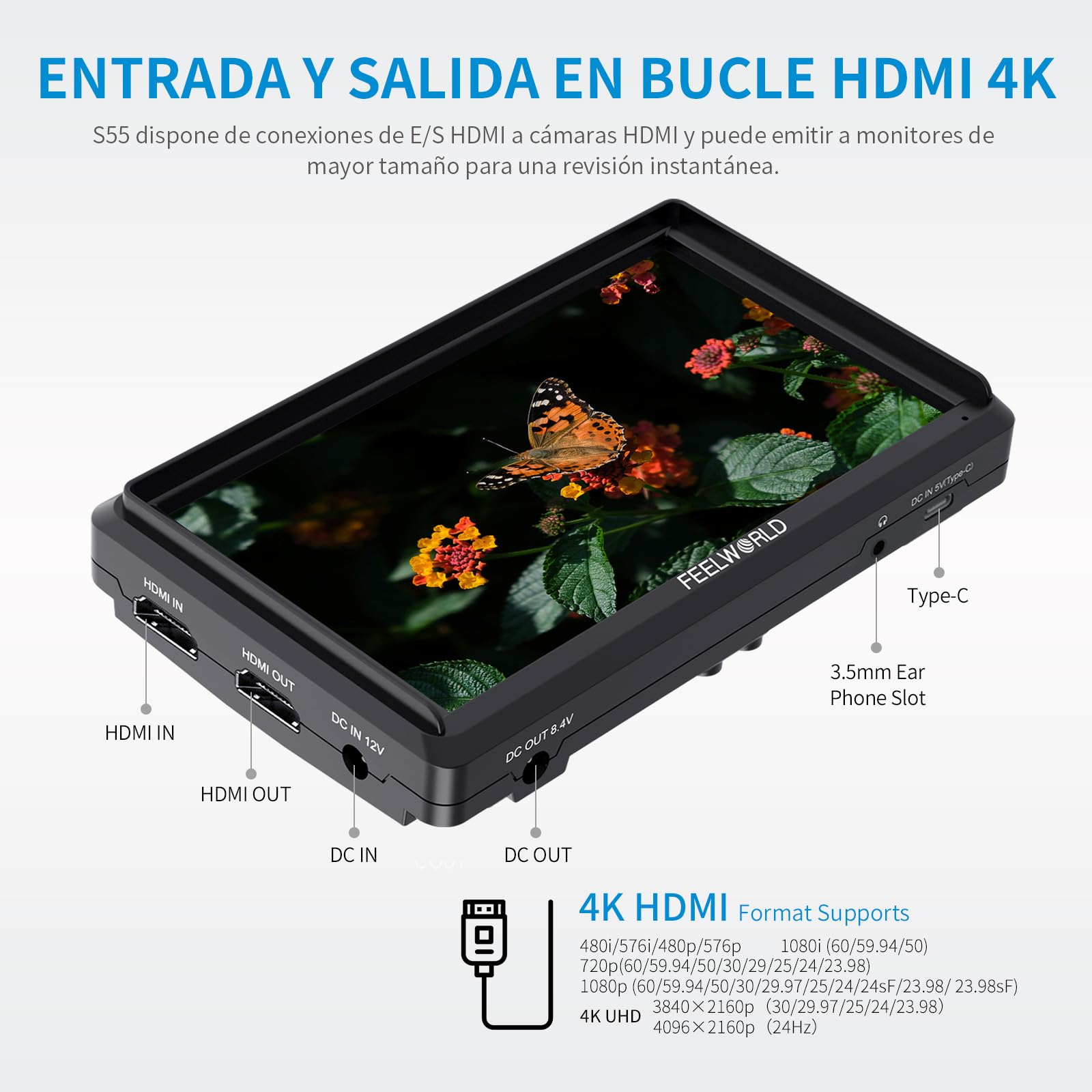 Feelworld S55 5.5 Pulgadas On Camera Field Monitor de Campo DSLR Cámara Small Full HD 1920x1152 IPS Peaking Focus Video Assist con 4K HDMI 8.4V DC Input Output Incluyen Tilt Arm
