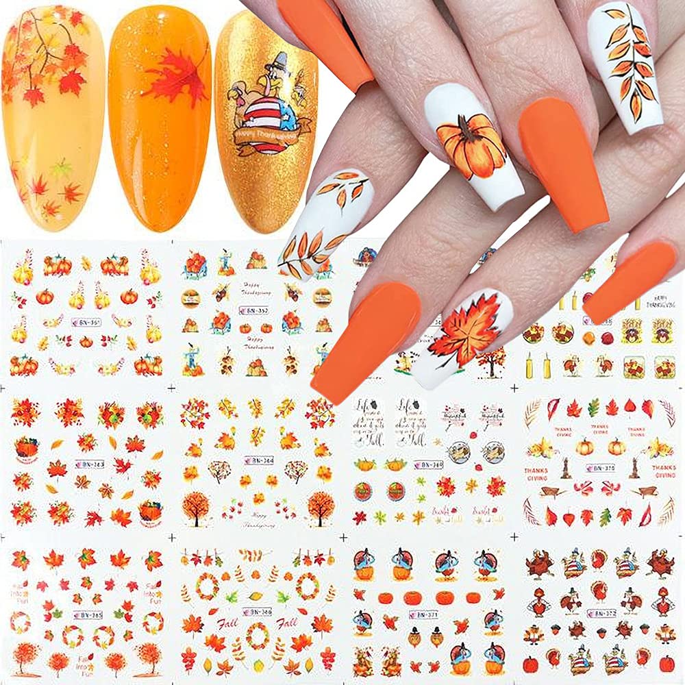 Amazon.com : Fall Nail Stickers Thanksgiving Nail Art Supplies Decals 12  Sheets Autumn Maple Leaf Pumpkin Turkey Water Transfer Nail Art Stickers  for Women Girls Manicure Tips DIY Thanksgiving Day Decorations :