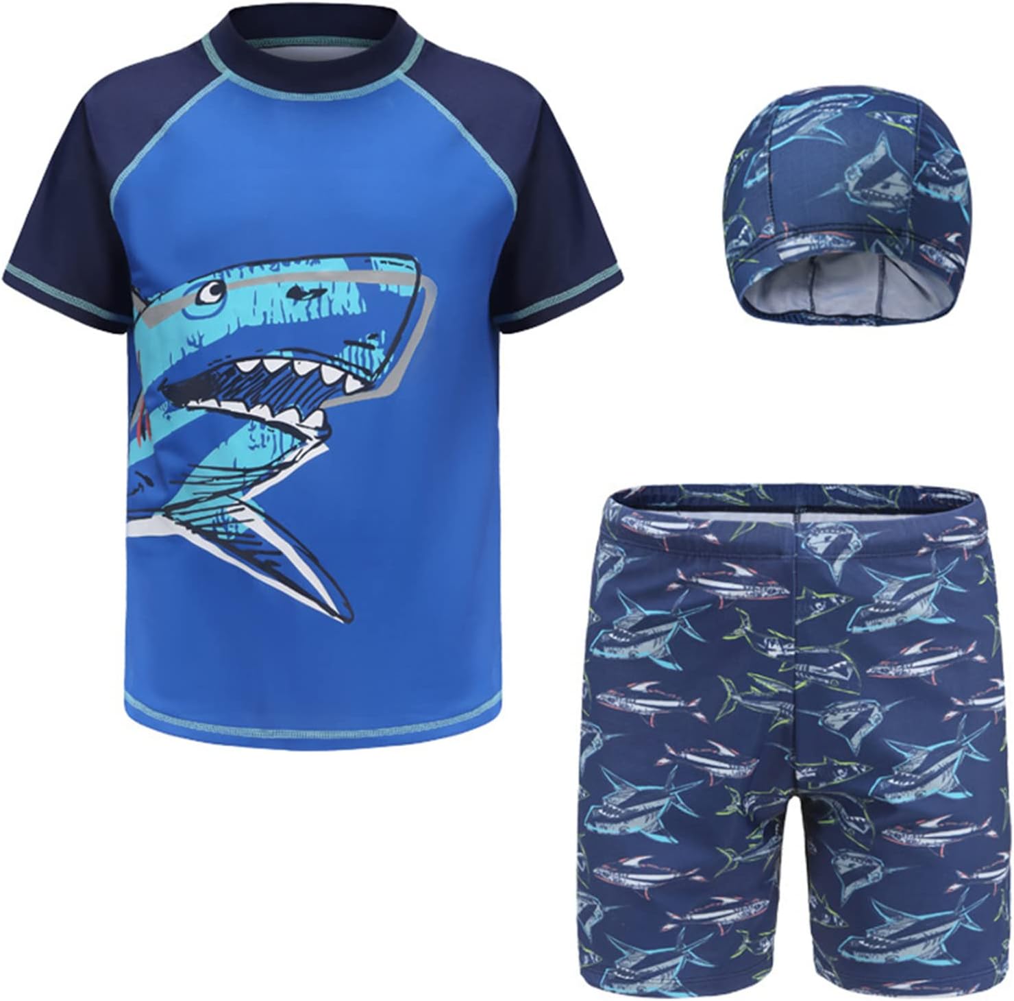 Kaerm Kids Boys Shark Bathing Suit Three Pieces Water Sport Beachwear Sets with Cap