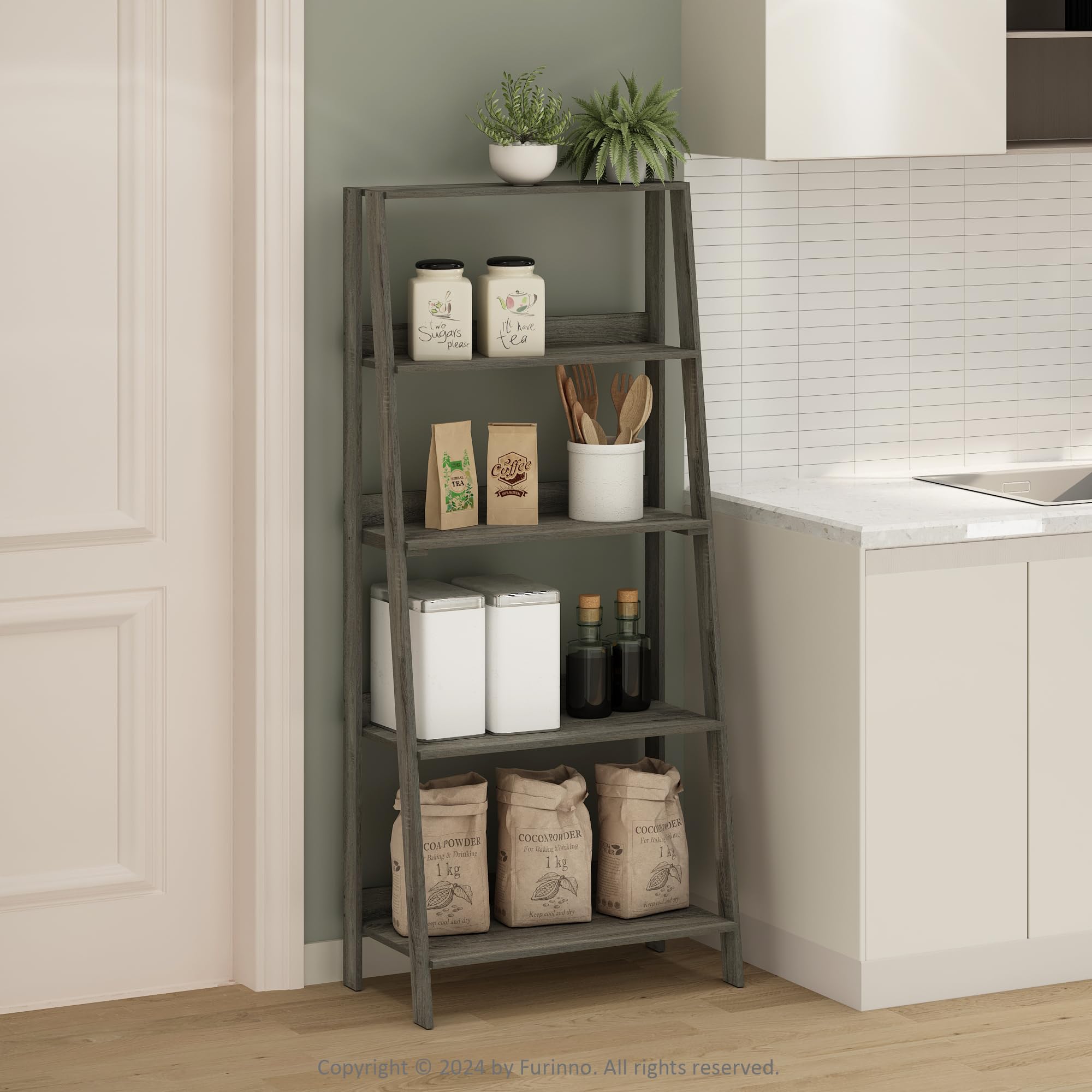 Furinno Ladder Display Shelf, 5-Tier Ladder Shelf, Ladder Bookshelf, Display Storage Shelves, 13 x 23.6 x 53.5, for Living Room, Home Office, French