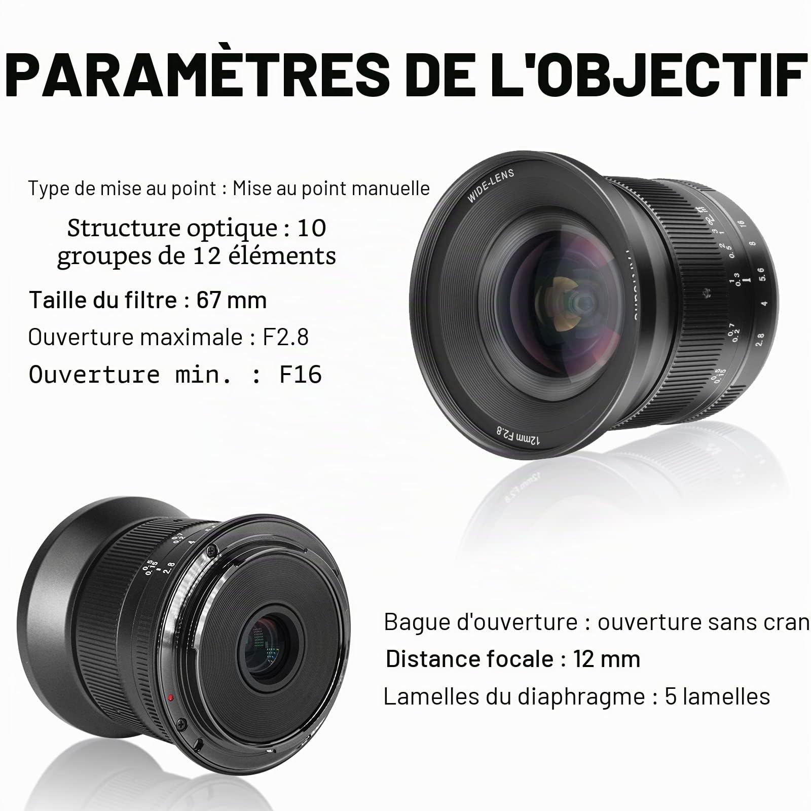 7Artisans Objectif 12 mm F2.8 Mark Ⅱ Ultra Grand Angle APS-C Mise au point manuelle Compatible avec les appareils photo sans miroir Olympus et Panasonic MFT M4/3