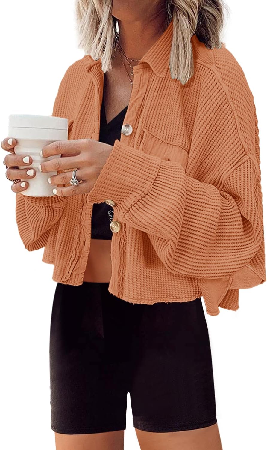 Panadila Women's Cropped Waffle Knit Shacket Short Button Down Jacket Batwing Sleeve Shirts with Pocket