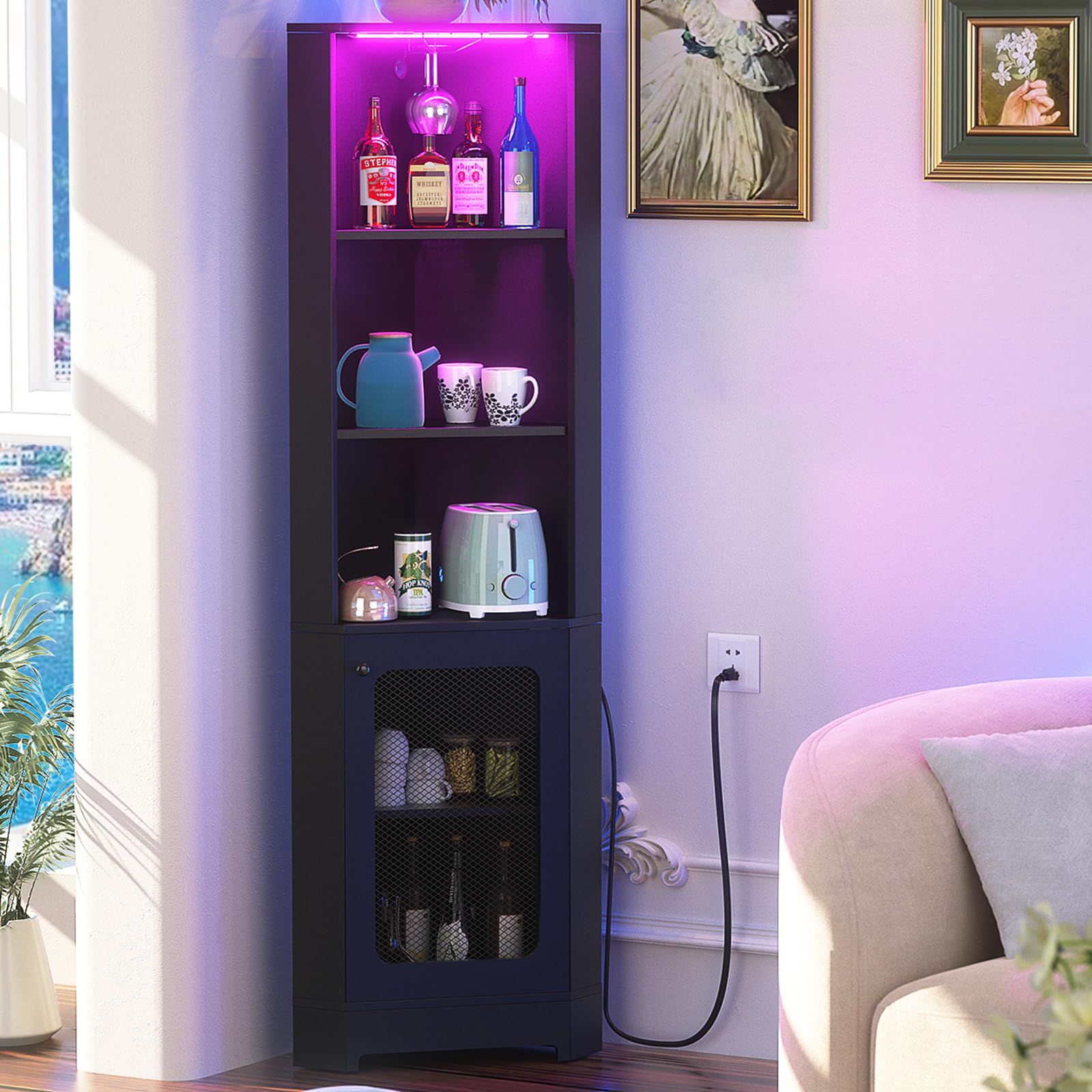 Hyomdeck Black Corner Shelf Stand with Power Outlet, 67'' Corner Bar