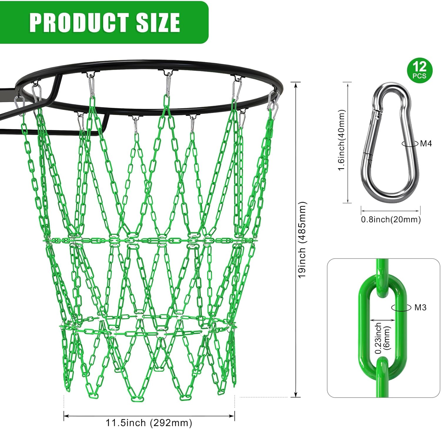 KingDolly Heavy Duty Chain Basketball Net, Rust-Proof Carbon Steel Metal Basketball Net Replacement with 12 Hooks for Tool-Free Quick Installation, Universal Fit for Outdoor/Indoor Basketball Hoops