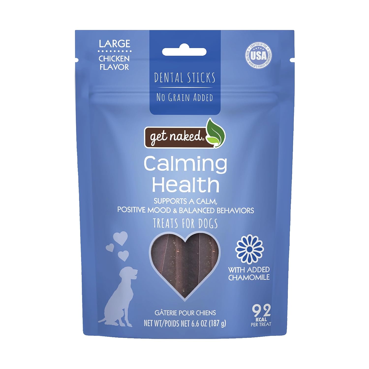 Get Naked Calming Dental Sticks for Dogs – Grain-Free Chicken Flavor, Anxiety Relief with Chamomile, Passion Flower, No CBD, Tartar Control, Gluten-Free – Large Sticks 6.6 oz Bag