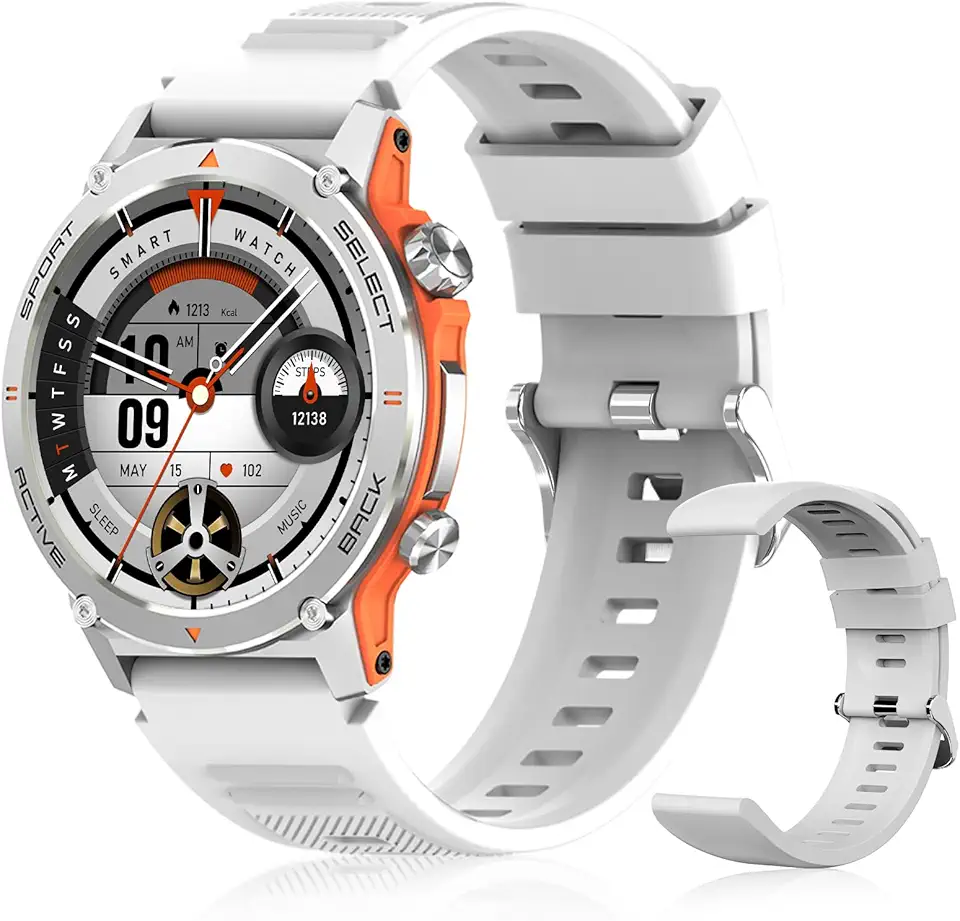 PEJE Relógio Smartwatch com Pulseira Extra - Tela AMOLED 1.43" Tela Full Touch, À Prova d'Água IP68, Faz/Recebe Chamadas,Notificações, 123+ Esportes, Assistente por Voz IA, iOS/Android.(Prata)