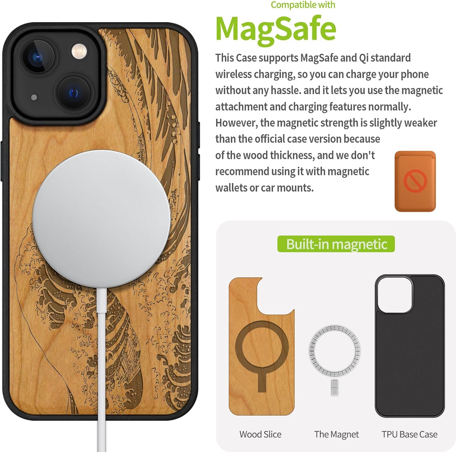Carveit Magnetic Wooden Case for iPhone 15 Case, Compatible with MagSafe Wireless Chargers, Black Soft TPU Shockproof Cover & Wood Artisan Engraved (The Great Wave Off Kanagawa) - Cherry