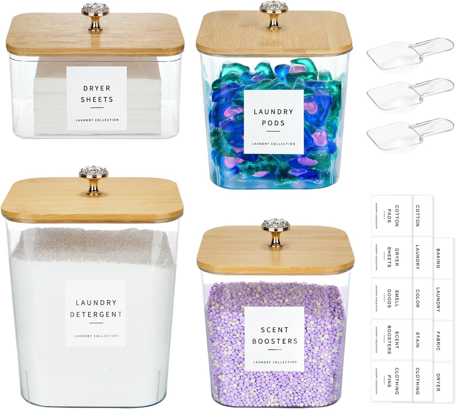 POLRAI 4 Pack Laundry Pod Containers and Dryer Sheet Holder for Laundry Room Organization Clear Jars with Lids and Labels for Laundry Detergent Laundry Pods Dry Sheet Organizing