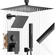 Matte Black Shower Faucet Set, Home Shower System with 3-Setting Push Button Diverter, 12" Ceiling Rain Shower Head & 6" Wall Mount Shower Head, 2-in-1 Handheld, Shower Valve Trim Kit