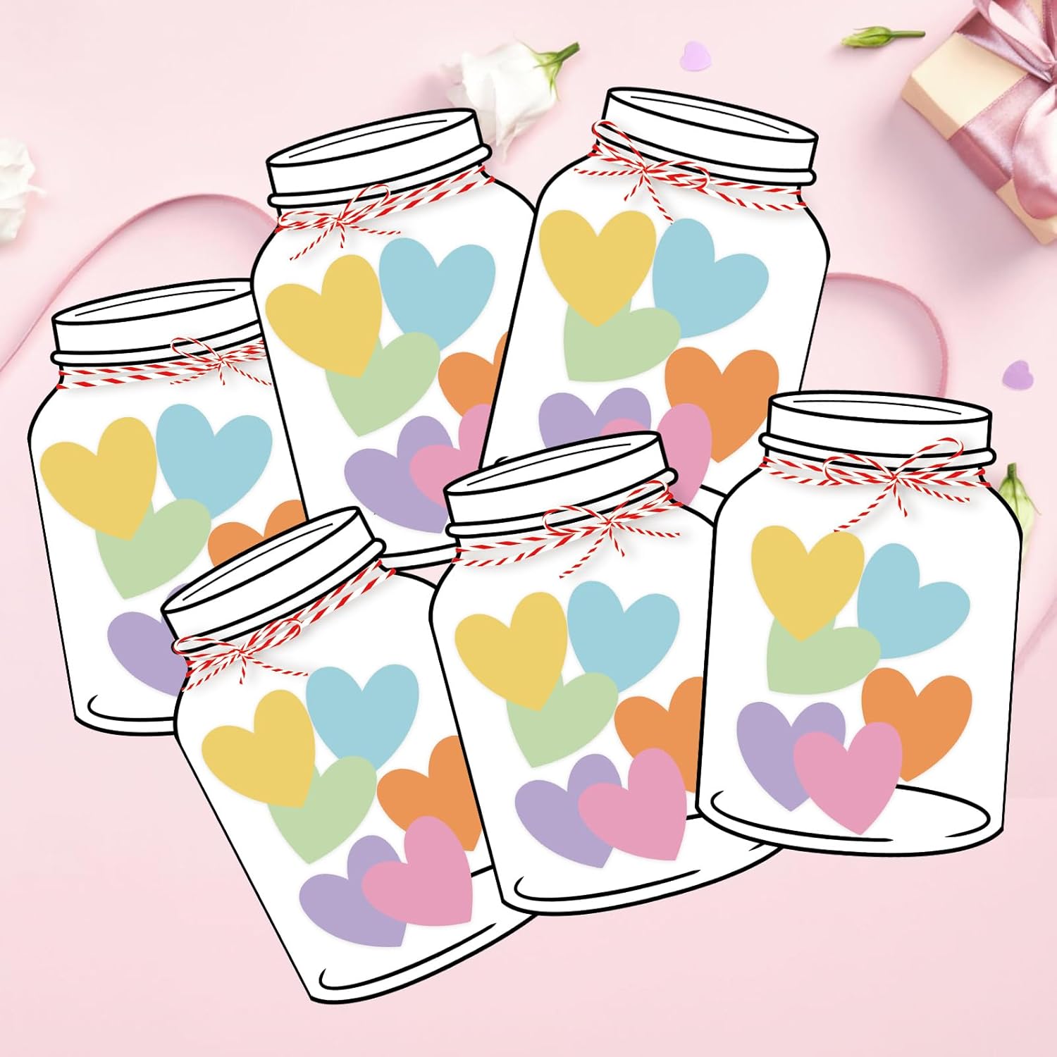 60 Sets Valentine's Day Love Candy Jar Craft Kit DIY Love Heart Candy Jar Valentine's Day Craft Fun Activity for School Classroom (Colorful Candy Jar)