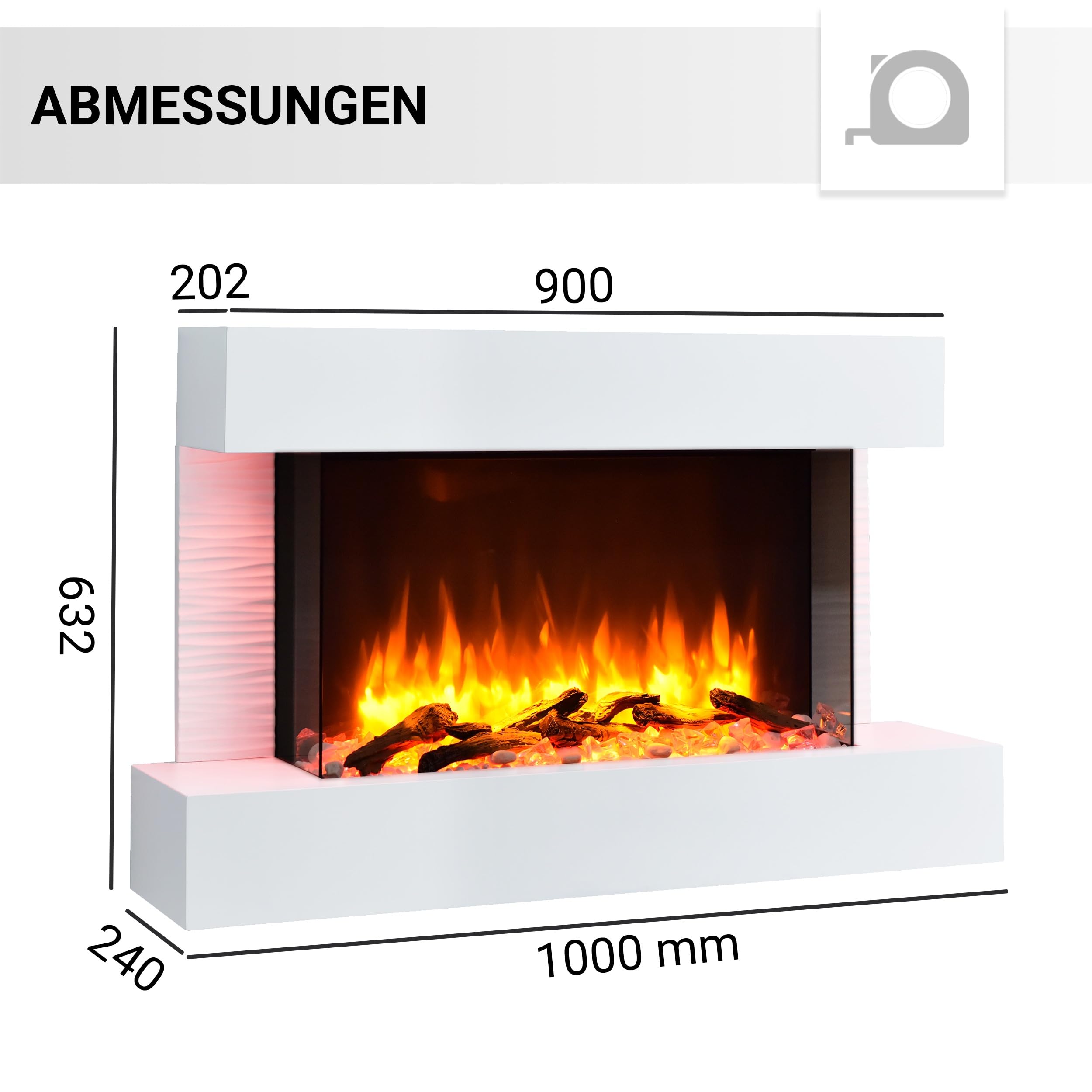 BALDERIA Elektrokamin Aidan Elektrischer Standkamin Weiß | 3D-Flammeneffekt, Elektro Heizung 2000W, LED-Beleuchtung, Fernbedienung, Timer, Startsteuerung & Thermostat