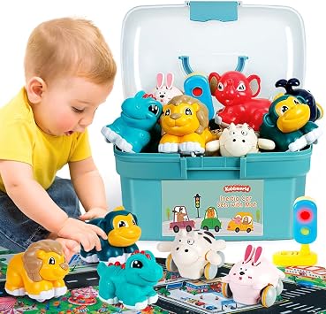 Kiddiworld Animal Car Toys for 1 Year Old Boy Gifts Mini Trucks with Playmat/Storage Box for Toddler Age 1-2, 1st One First Christmas Birthday Gift for Infant Baby 12-18 Months