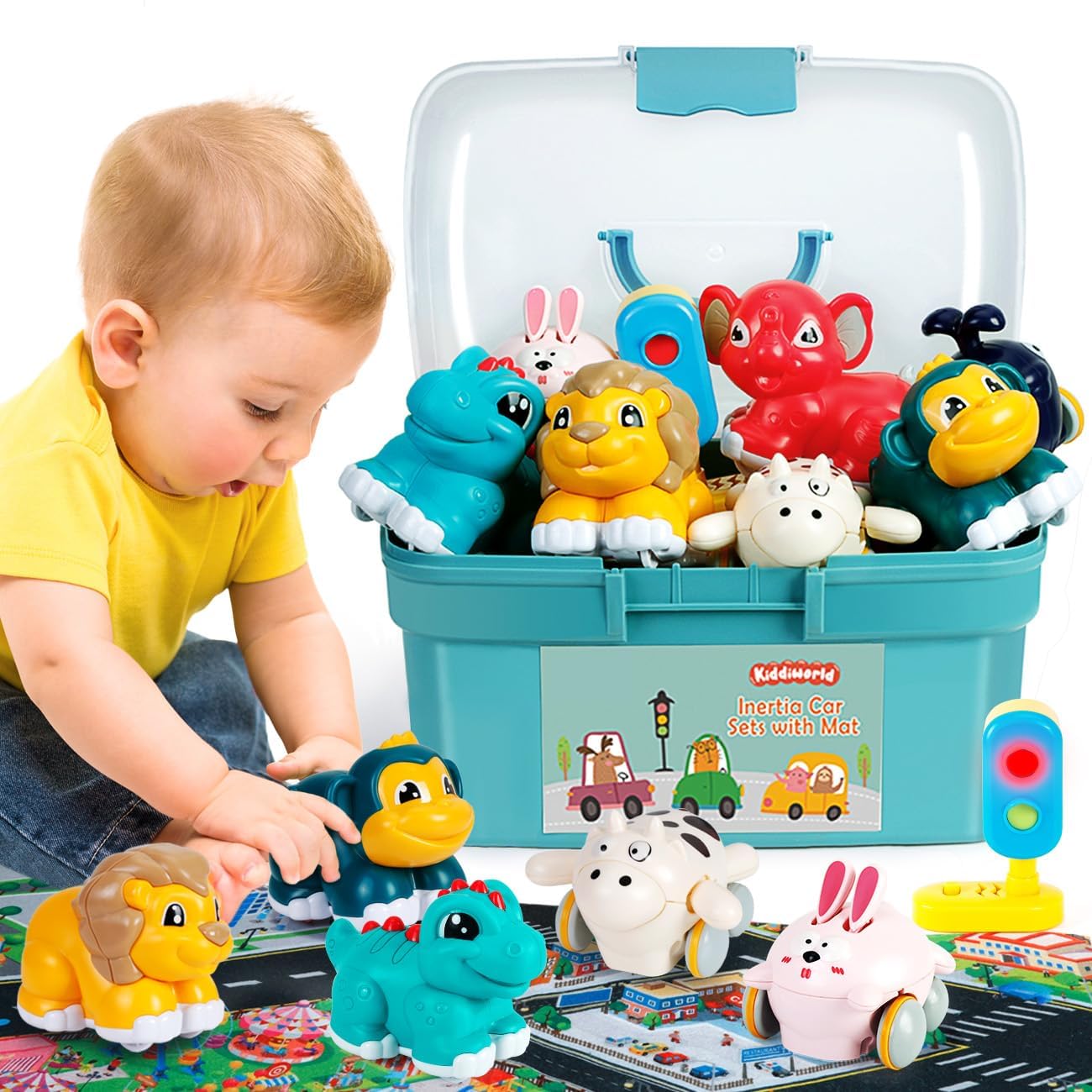 Animal Car Toys for 1 Year Old Boy Gifts: Mini Trucks with Playmat/Storage Box for Toddler Age 1-2, 1st One First Christmas Birthday Gift for Infant Baby 12-18 Months
