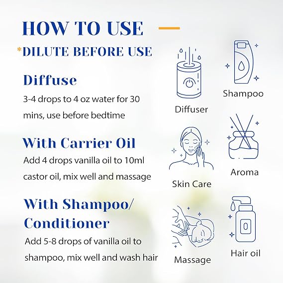 HIQILI Vanilla Essential Oil, Undiluted Natural Strong Fragrance Add in Skin Perfume, Unscented Lotion, Candle Soap Making Scent, Relax at Home with Diffuse Warm Sweet Aroma -100ML
