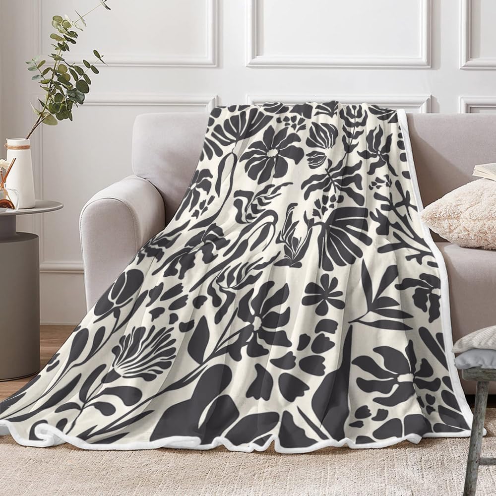 Black and White Retro Floral Blanket, Boho Mid Century Modern Abstract Floral Plants Aesthetic Throw Blanket, Terracotta Cute Cozy Soft Flannel Baby Throw and Blankets Couch Sofa Bed Decor 50"X60"in - Image 2