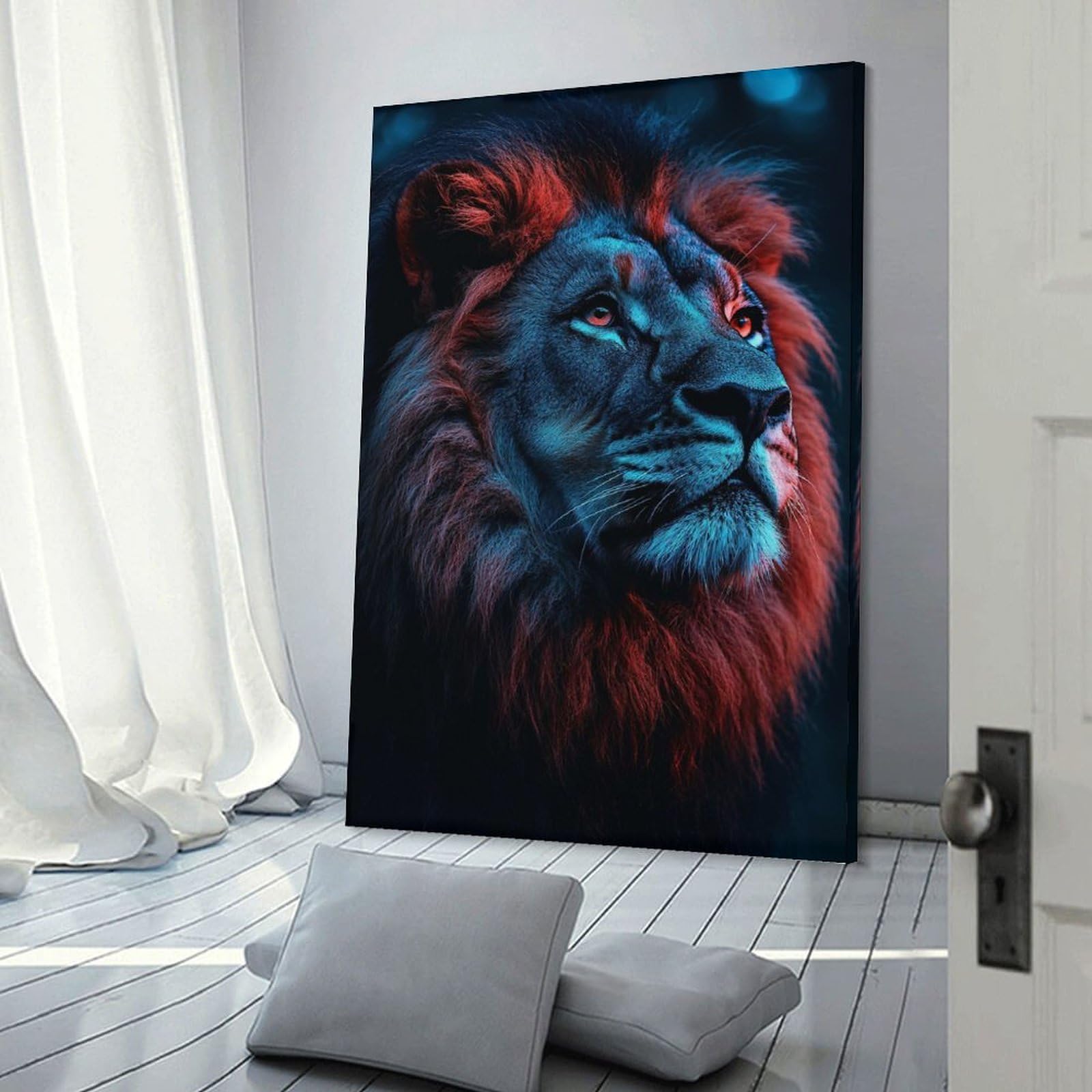 Junmoney Wall Picture Print Lion Portrait with Red And Blue Lighting, 24x36inch(60x90cm), for Wall Displays, Bedrooms Or Room Updates, Wall Decor Suited to Curated Displays