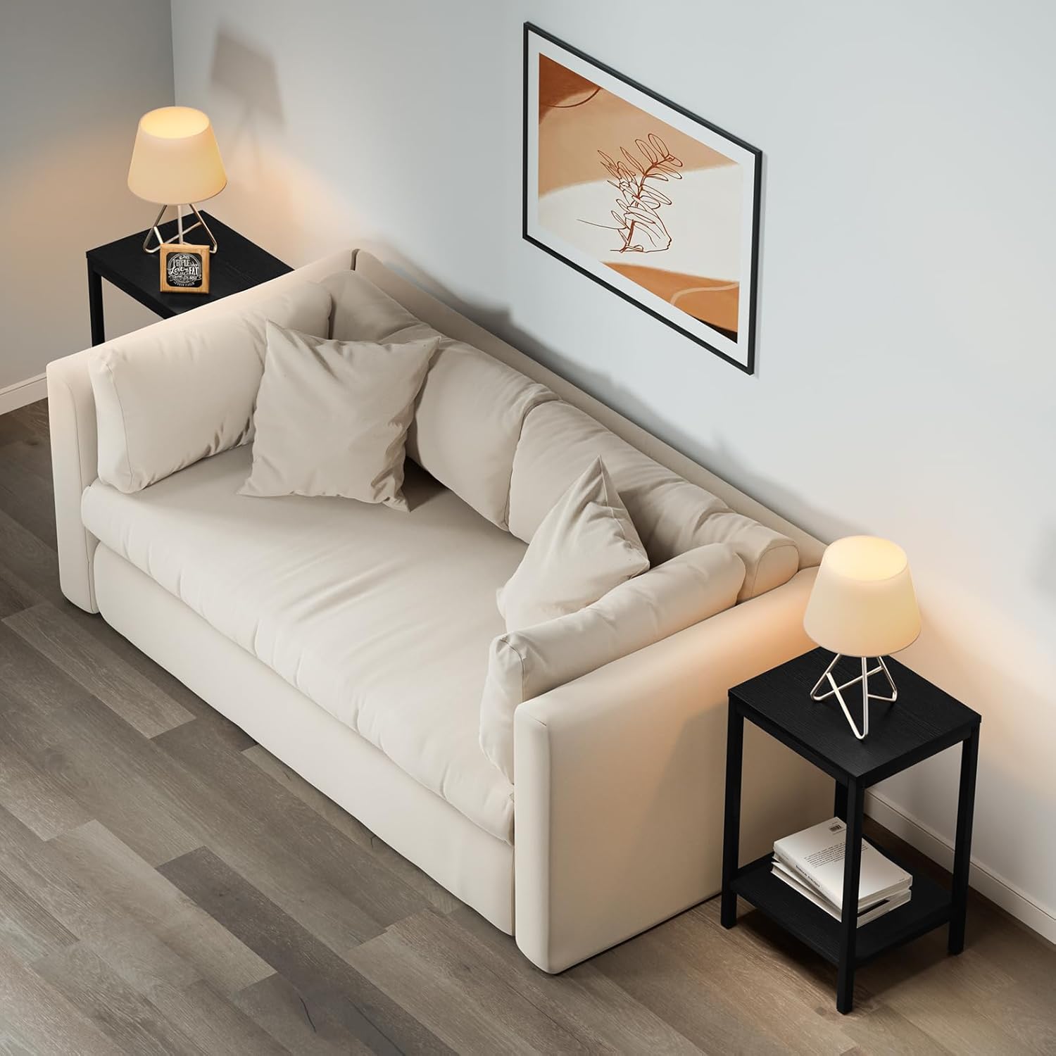 SAYGOER Black End Tables 13.3''D Small Side Table with Storage Wood Night Stand Metal Frames 2 Tier Bedside Table with Adjustable Feet, 1PCS, All Black