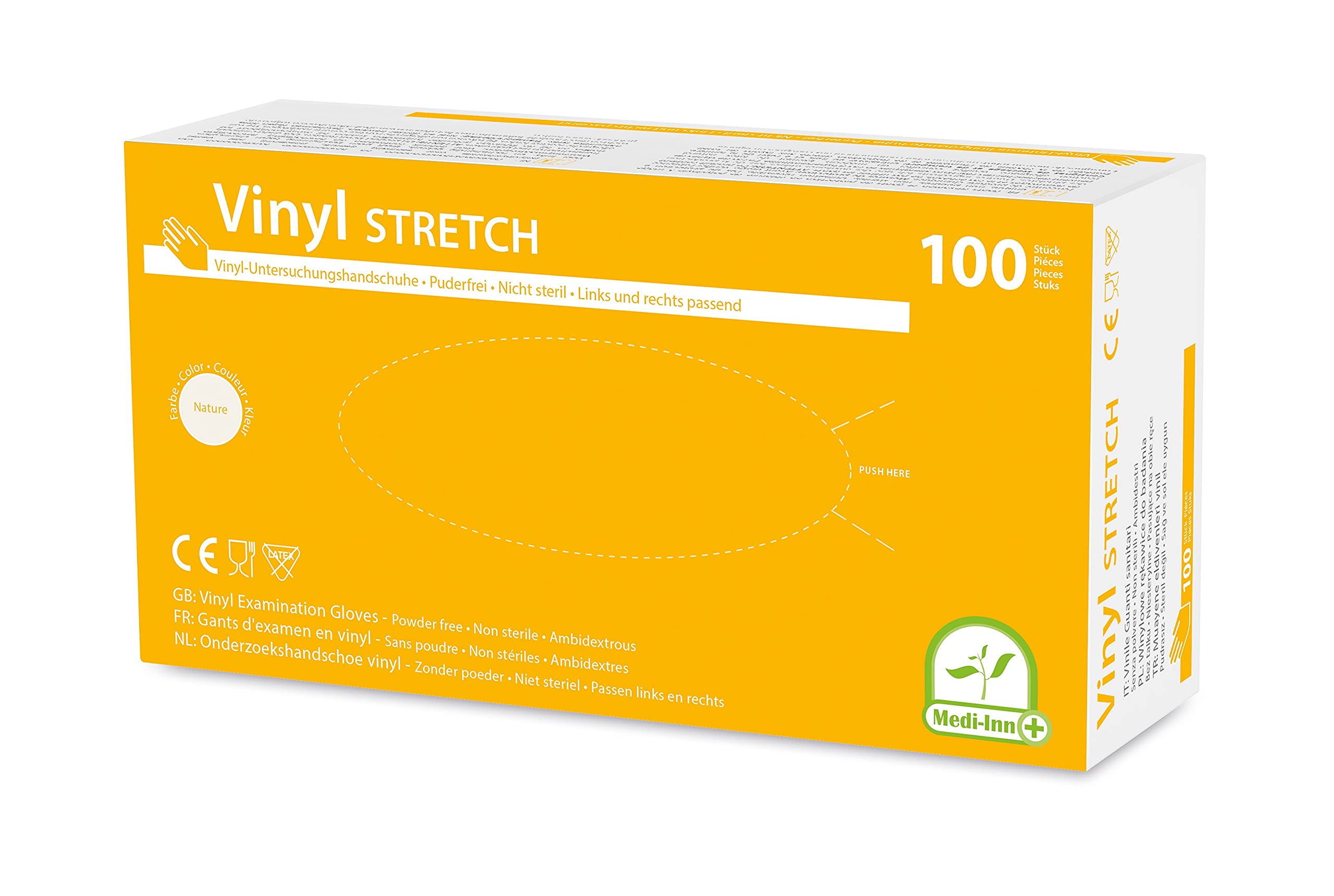 Medi-Inn+ Vinyl Stretch Einmalhandschuhe | puderfrei, Größe L, 100 Stück in Spenderbox