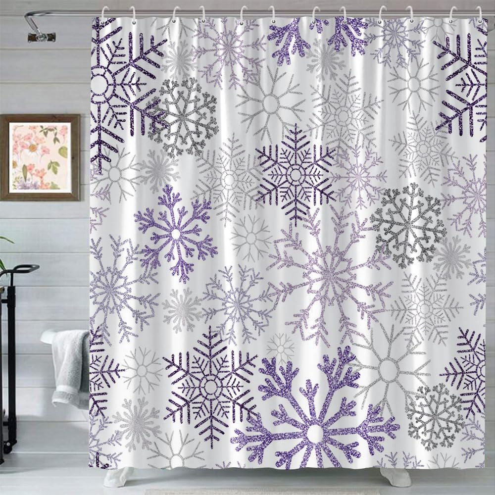 Christmas Shower Curtain Winter Snowflakes Wonderland Purple and Silver Snowflake on White Cute Snowfall Happy New Year Xmas Holiday Modern Polyester Fabric Bathroom Curtain with Hook