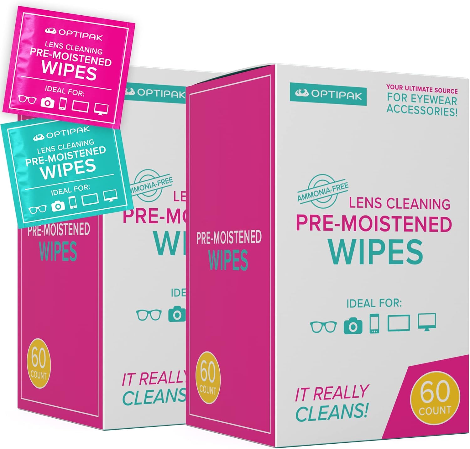 OPTIPAK Pre-Moistened Wipes Glasses and Lens Cleaner - Individually Wrapped Disposable Wipes for Eyeglass, Glass Screen, Phone, Camera, Sensitive Surfaces (60pk 2 count)