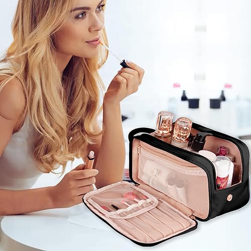 Miniatura 7 de Ebbniur Neceser de aseo personal, organizador de artículos de aseo de viaje de piel sintética, doble cremallera, gran apertura, bolsa de cosméticos