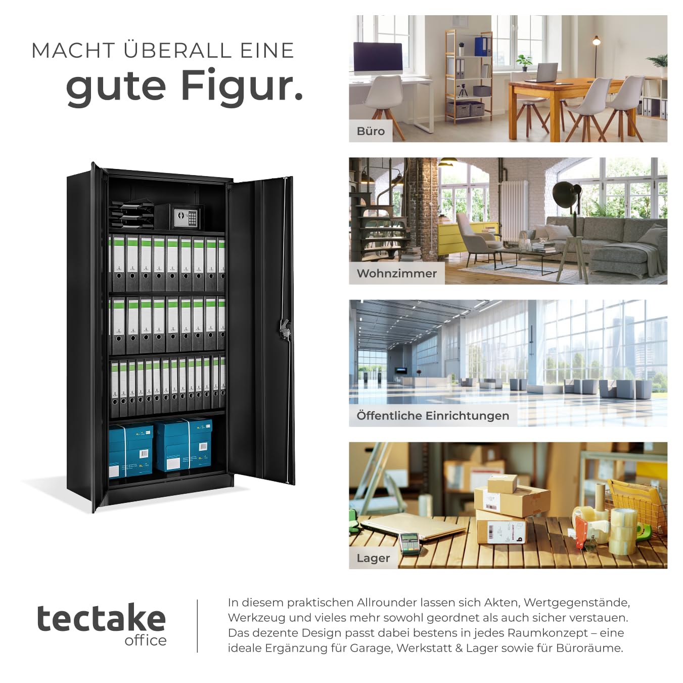 tectake® Aktenschrank, 180 x 90 x 40 cm, Büroschrank abschließbar, Mehrzweckschrank aus Stahl, Allzweckschrank, mit 2 Türen, Ink. 5 höhenverstellbare Einlegeböden, Aktenschrank abschließbar - schwarz