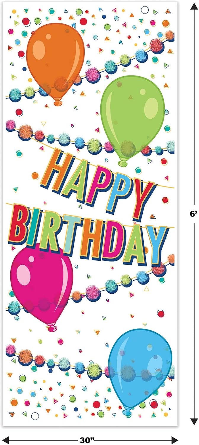 Beistle Happy Birthday Door Covers – 2 Pack, Colorful Thin Plastic Door or Wall Decorations with Balloons and Confetti Design, Festive Milestone B-Day Party Décor for Homes and Event Spaces, 6’ x 30”