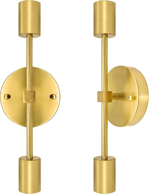 LAKONEI 2 Pack Brushed Brass Bathroom Wall Light Sconce 2 Lights Vanity Wall Lamp Modern Pole Wall Mount Lighting Fixture Gold Industrial Vanity Mirror Light for Hallway Kitchen Living Room