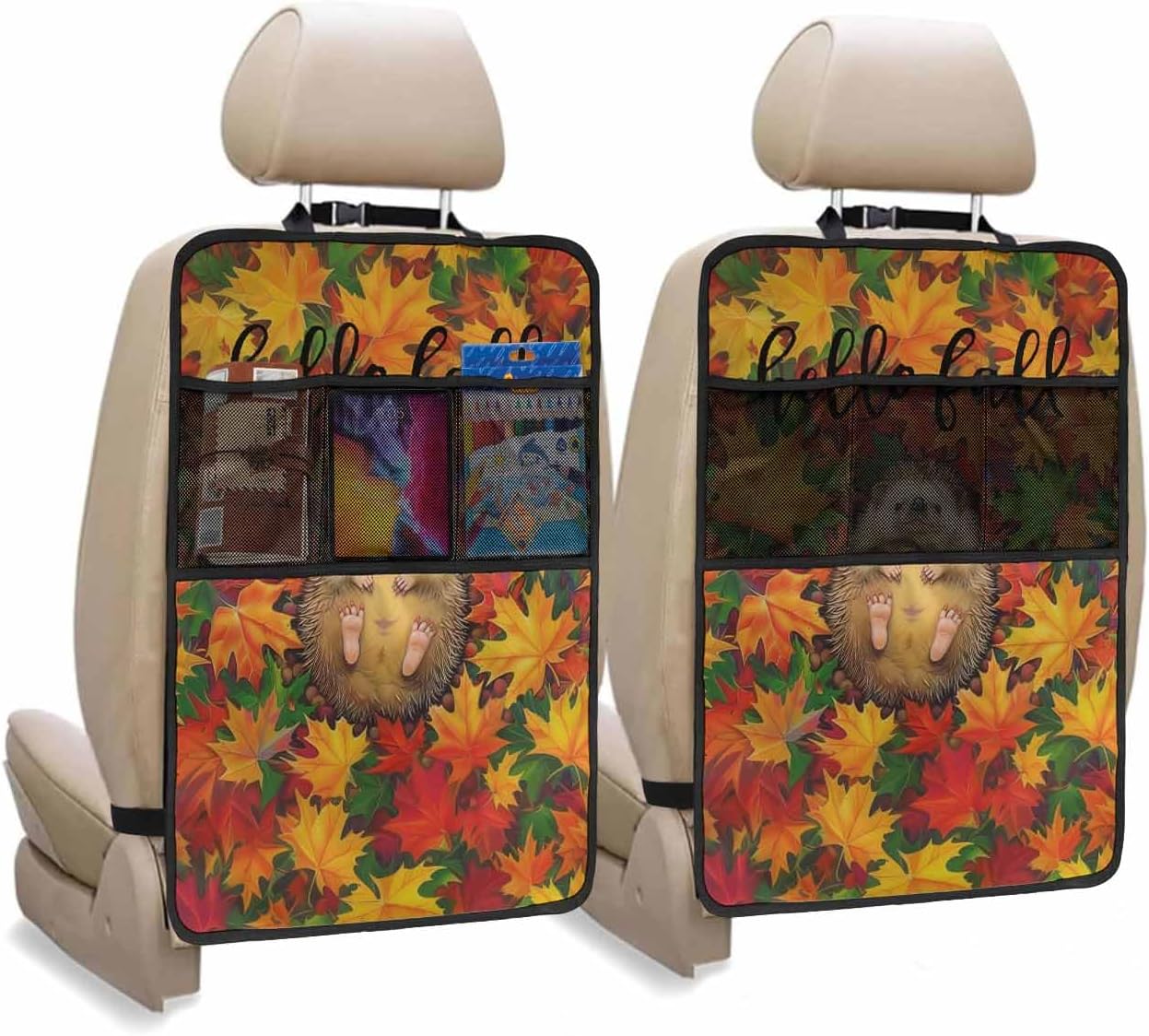 Car Seat Protector, 2 Pack Kick Mats with Organizer - 3 Pocket Storage, Fall Thanksgiving Hedgehog Colorful Maple Leaves Back Seat Cover for Kids Universal Fit Automotive Interior Protectors