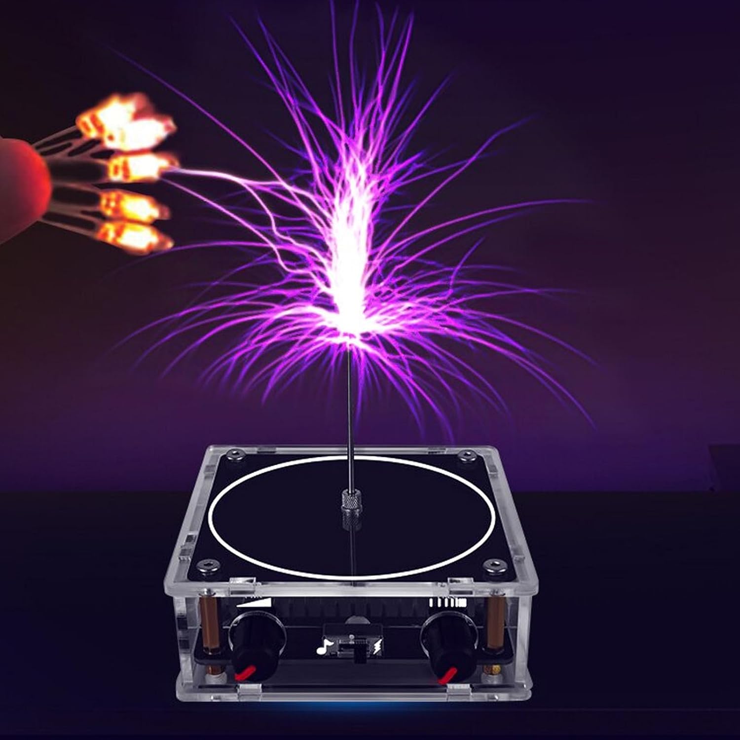 Garosa Arc Plasma Music Coil, Touchable Adjustable Spark Loudspeaker with AUX Input Neon Bulb Lighting 0 to 8cm Arc Length for Classroom Display Transparent Acrylic US Plug 1 Set