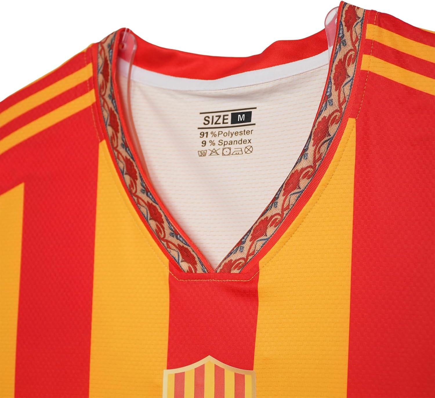 Men's Spain Flag Soccer Jersey, Red and Yellow Striped, V-Neck, Short Sleeve, Sizes S-2XL