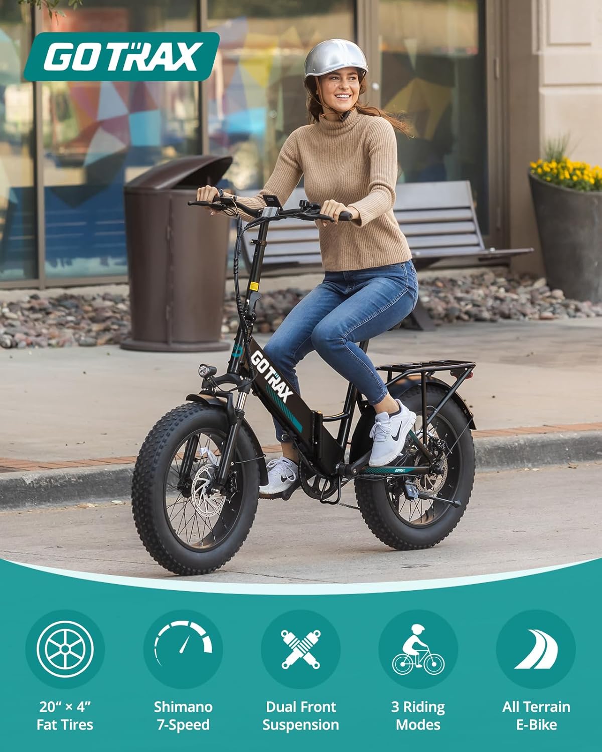 Gotrax R3 Electric Bike highlighting features like fat tires, 7-speed, dual front suspension, 3 riding modes, and all-terrain capability.