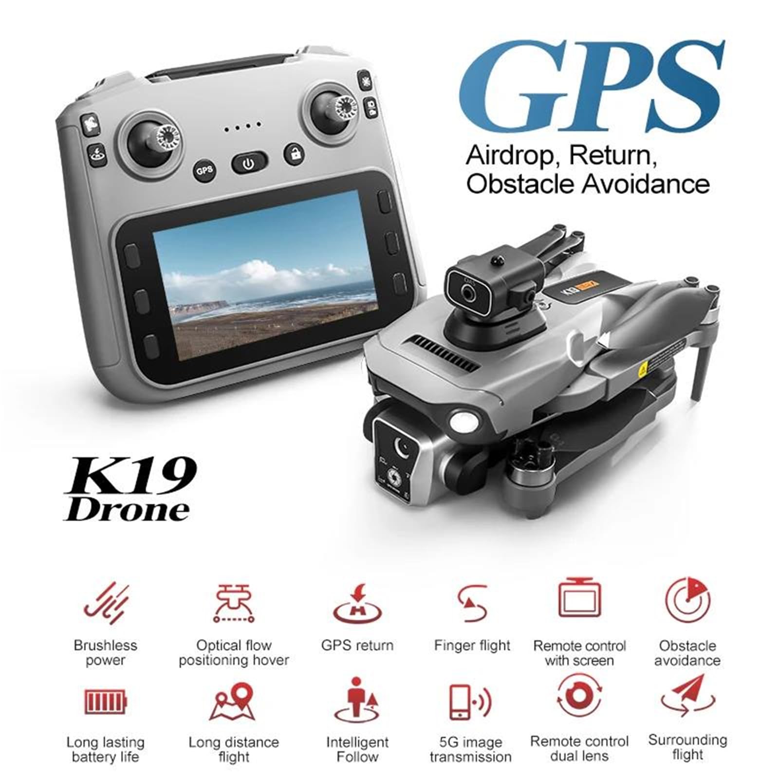 Nuevo dron k19 MAX GPS Profesional con cámara 4k, FPV, cámara aérea, Cepillo para Evitar obstáculos con Pantalla Grande, Control Remoto, dron Plegable,Triple Battery