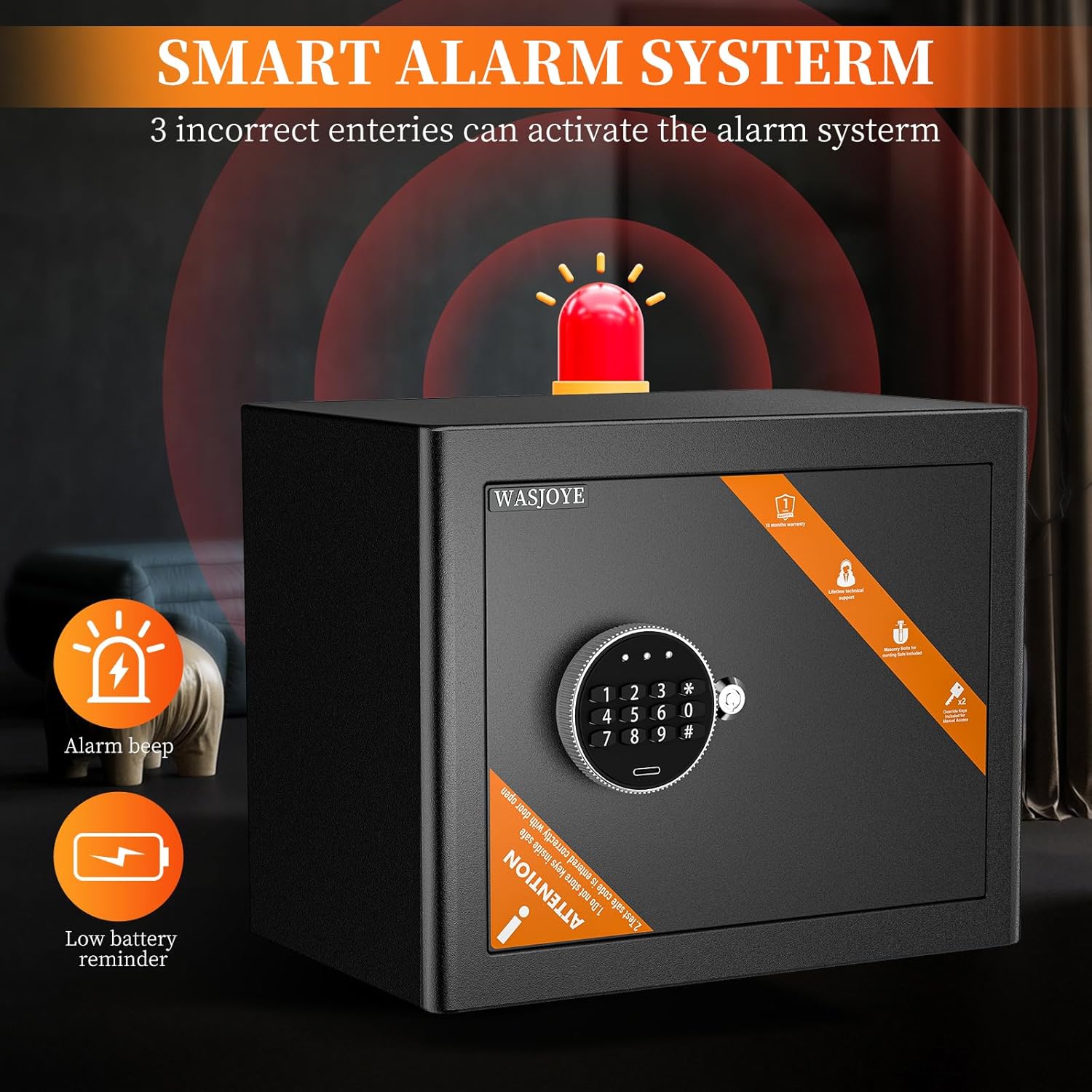 Image depicting the smart alarm system with a red siren icon and text indicating that 3 incorrect entries activate the alarm. Also shows a low battery reminder icon.