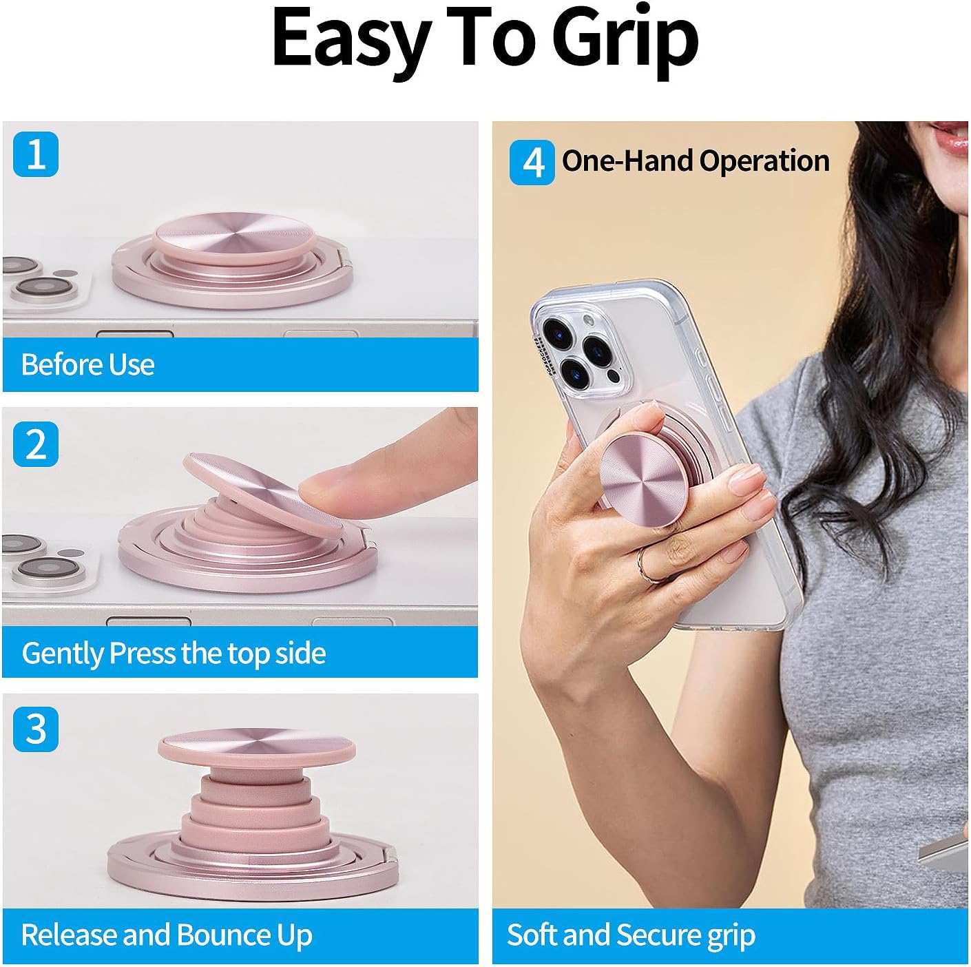 Phone Grip with 360° Kickstand, Magnetic Phone Stand Compatibility for Magsafe, Phone Holder for Hands-Free Viewing, Secure Anti-Drop Grip for iPhone Series, iPad Tablet & Phone Cases, Pink - Image 5